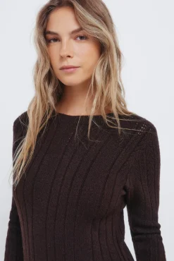 Springfield Vestidos-Vestido midi de malha Pointelle castanho