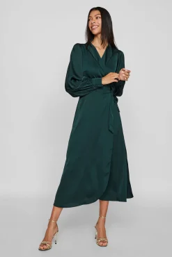 Vila Vestidos-Vestido midi envolvente em cetim Verde