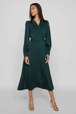 Vila Vestidos-Vestido midi envolvente em cetim Verde