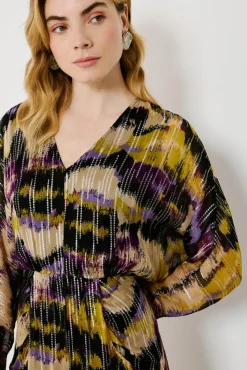 Vila Vestidos-Vestido midi estampado com lurex Multicolorido