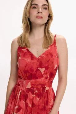 Vila Vestidos-Vestido midi floral Vermelho