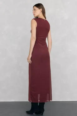 Pedro del Hierro Vestidos-Vestido midi reto com babados em tule Bordeaux