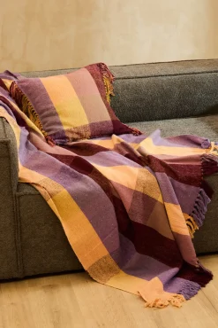 Calma House Cobertores-Xadrez de algodão croma com franjas rosa